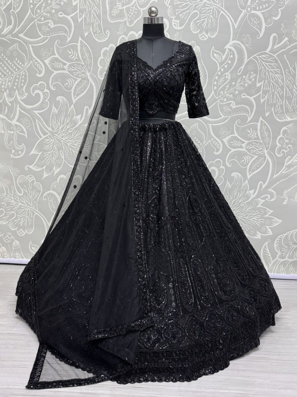 Soft Premium Net Fabric Wedding Wear Lehenga In Black Color With Embroidery Work