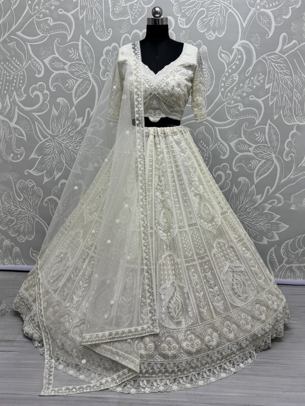 Soft Premium Net Fabric Wedding Wear Lehenga In White Color With Embroidery Work