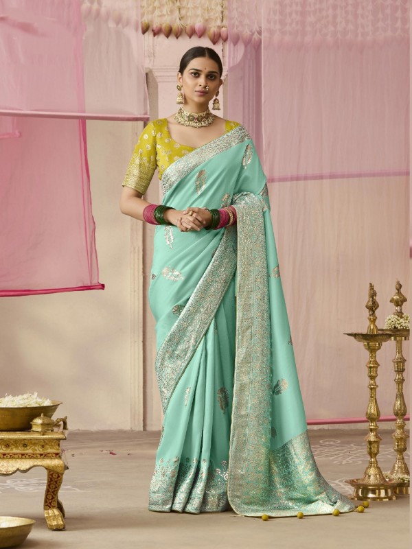 Pure Dola Silk Party wear Saree In Turquoise Color 