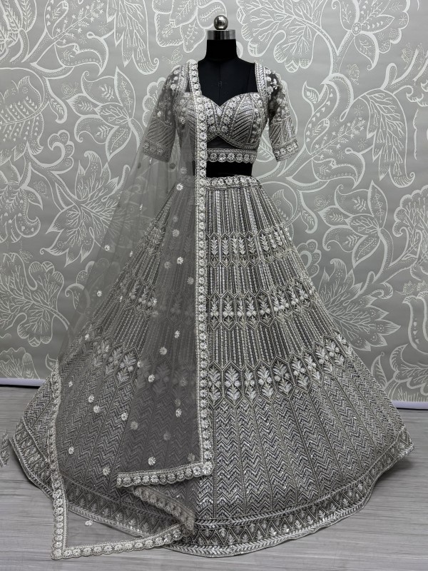 Soft Premium Net Fabric Wedding Wear Lehenga In Stone Grey Color With Embroidery Work