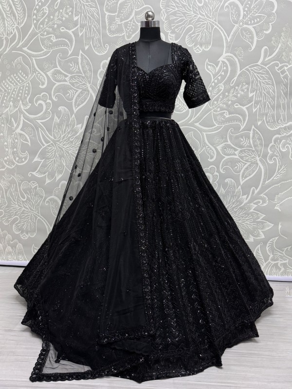 Soft Premium Net Fabric Wedding Wear Lehenga In Black Color With Embroidery Work