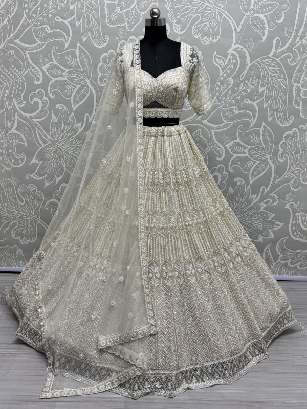 Soft Premium Net Fabric Wedding Wear Lehenga In White Color With Embroidery Work