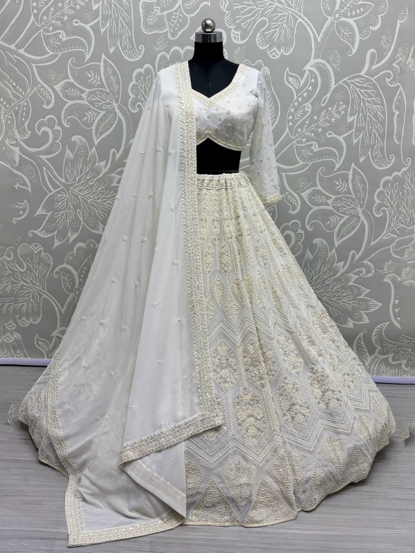 Soft Premium Net Fabric Wedding Wear Lehenga In White Color With Embroidery Work