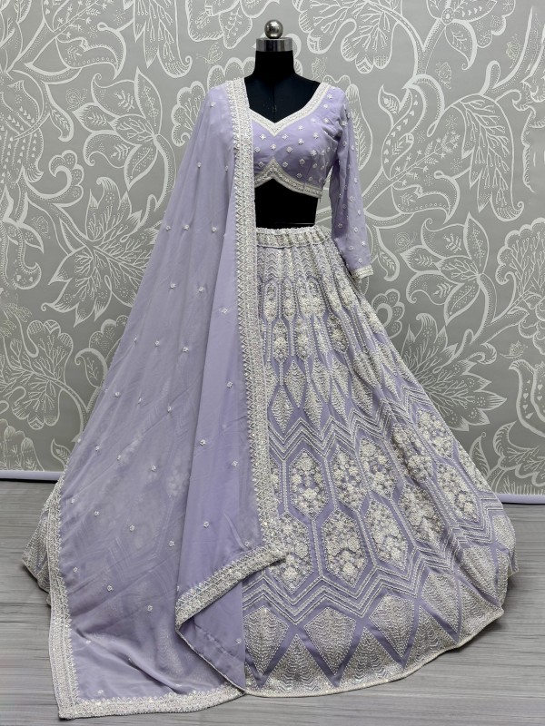 Soft Premium Net Fabric Wedding Wear Lehenga In Lavender Color With Embroidery Work