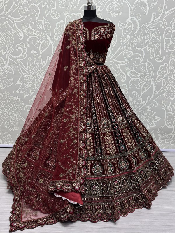 Pure Micro Velvet Wedding Wear Lehenga In Maroon Color With Embroidery Work