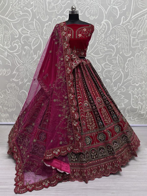 Pure Micro Velvet Wedding Wear Lehenga In Rani Pink Color With Embroidery Work