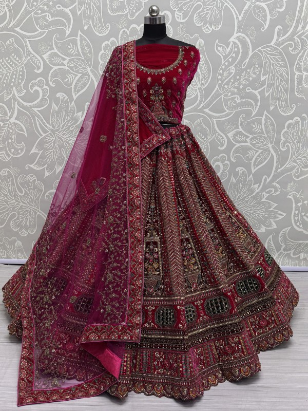 Pure Micro Velvet Party Wear Lehenga In Rani Pink Color With Embroidery Work