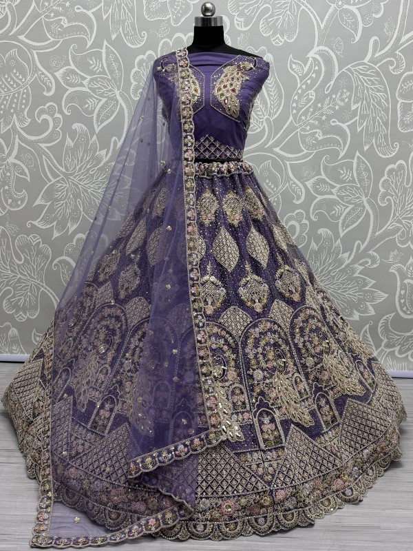 Soft Premium Net Wedding Wear Lehenga In Purple Color With Embroidery Work