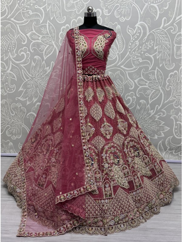 Soft Premium Net Wedding Wear Lehenga In Raspberry Color With Embroidery Work
