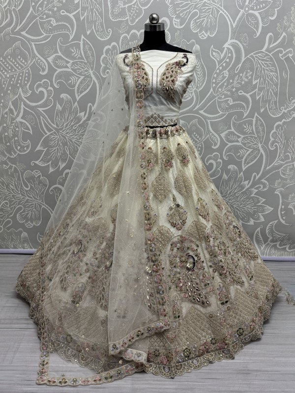 Soft Premium Net Wedding Wear Lehenga In Off White Color With Embroidery Work