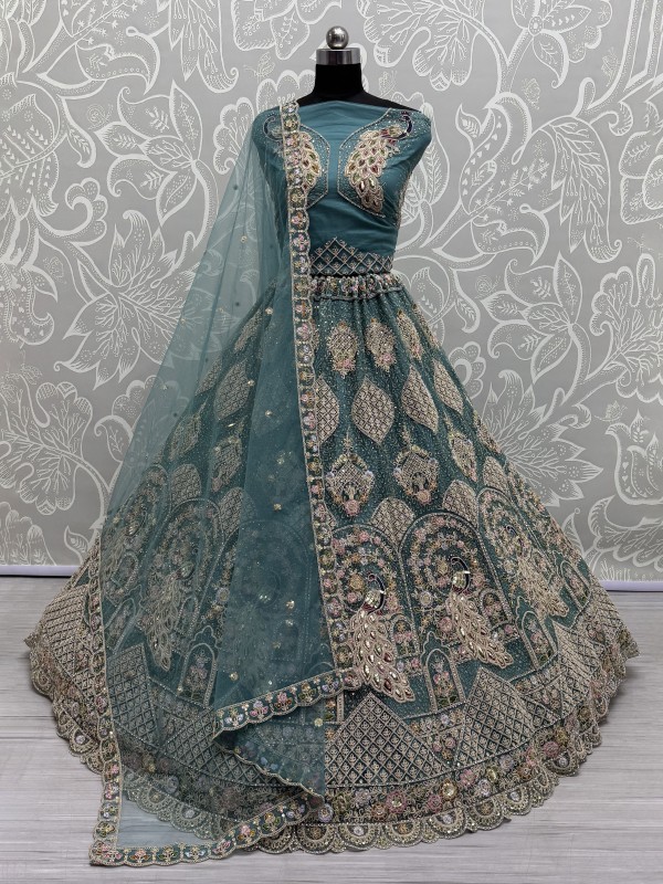 Soft Premium Net Wedding Wear Lehenga In Teal Color With Embroidery Work