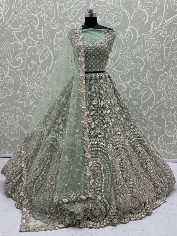Soft Premium Net Wedding Wear Lehenga In Lime Green Color With Embroidery Work