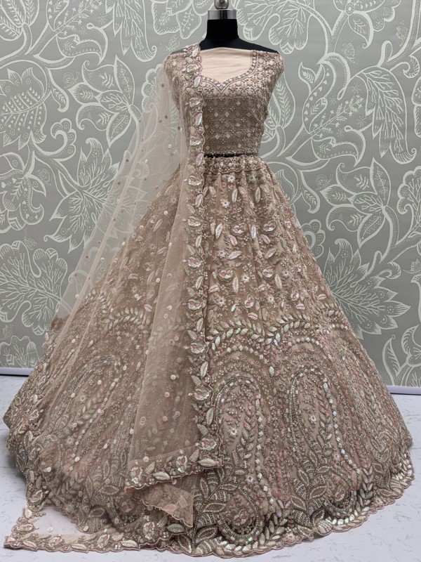 Soft Premium Net Wedding Wear Lehenga In Peach Color With Embroidery Work