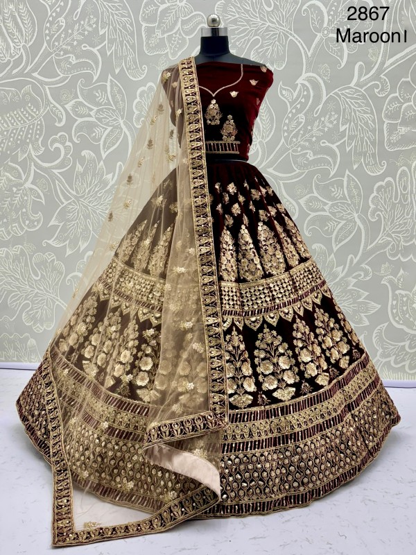 Pure Micro Velvet Party Wear Lehenga In Maroon Color With Embroidery Work