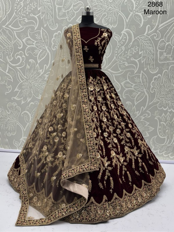 Pure Micro Velvet Party Wear Lehenga In Maroon Color With Embroidery Work