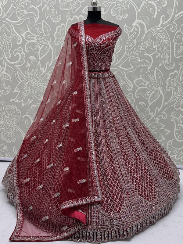 Soft Premium Net Wedding Wear Lehenga In Cherry Color With Embroidery Work