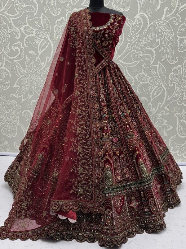 Pure Micro Velvet Wedding Wear Lehenga In Maroon Color With Embroidery Work