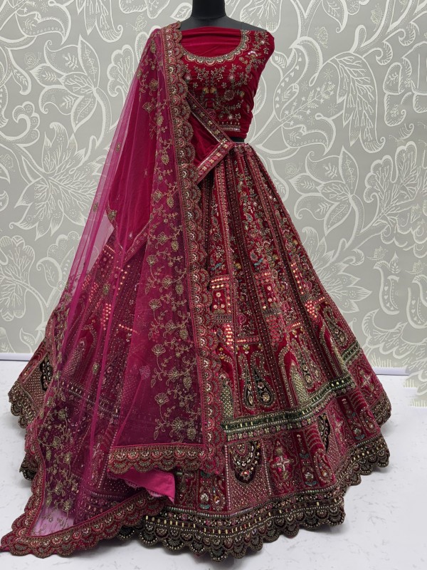 Pure Micro Velvet Wedding Wear Lehenga In Rani Pink Color With Embroidery Work