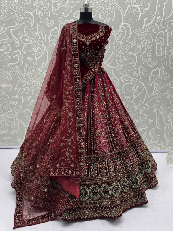 Pure Micro Velvet Party Wear Lehenga In Maroon Color With Embroidery Work