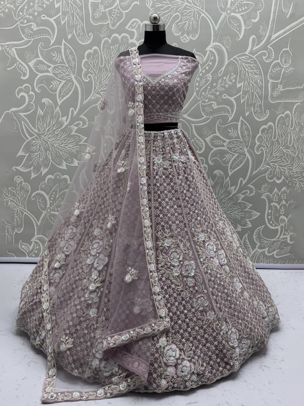 Soft Premium Net Wedding Wear Lehenga In Mauve Color With Embroidery Work