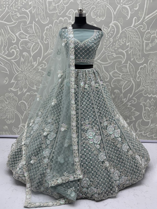 Soft Premium Net Wedding Wear Lehenga In Sea Green Color With Embroidery Work