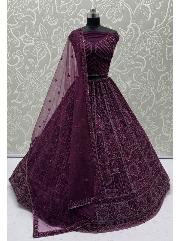 Soft Premium Net Wedding Wear Lehenga In Purple Color With Embroidery Work