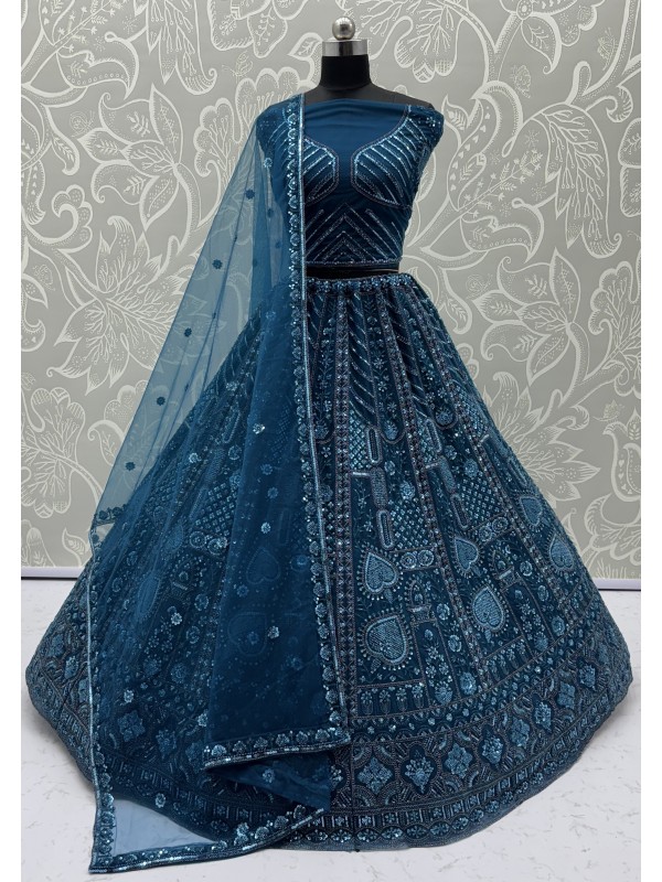 Soft Premium Net Wedding Wear Lehenga In Teal Blue Color With Embroidery Work