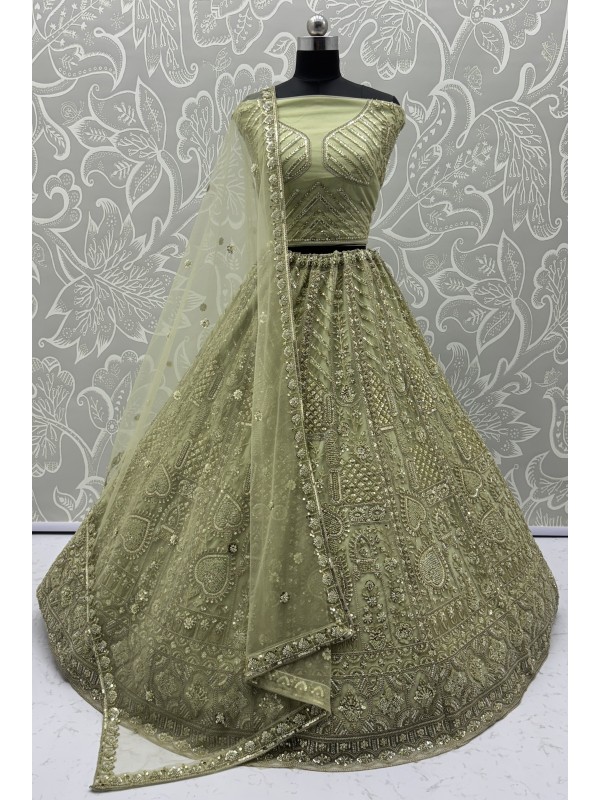 Soft Premium Net Wedding Wear Lehenga In Pista Color With Embroidery Work