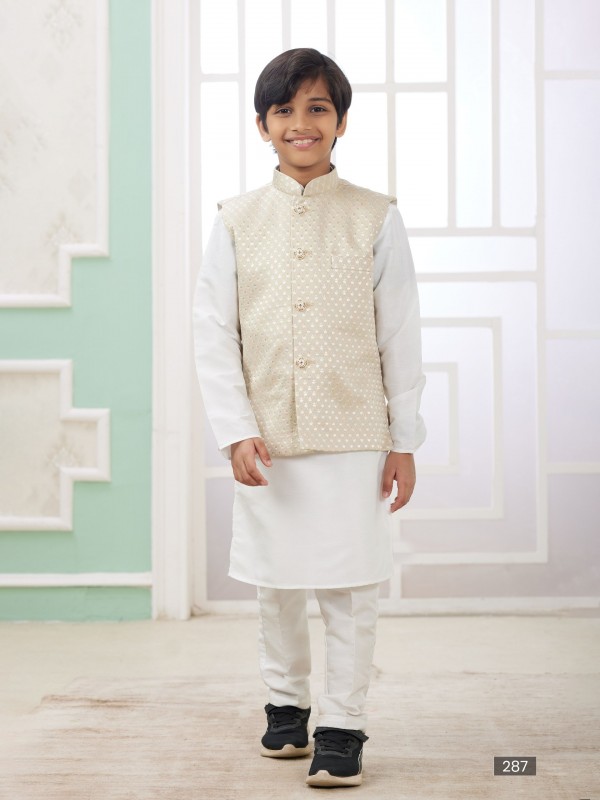 Art Silk Readymade Kids Indowestern in Off White Color Embroidery work 