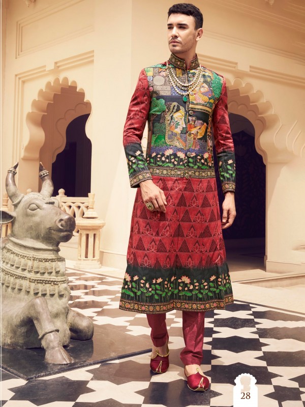 Pure  Silk Readymade Kids Indowestern in Multi Color Hand work 
