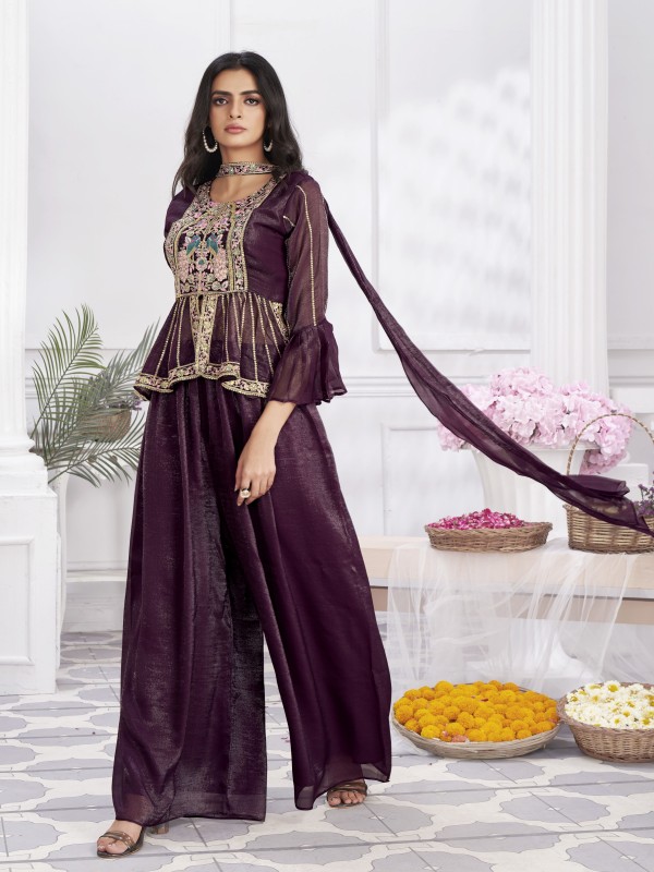 Shimmer Georgette Party Wear Sharara Wine Color with Embroidery Work