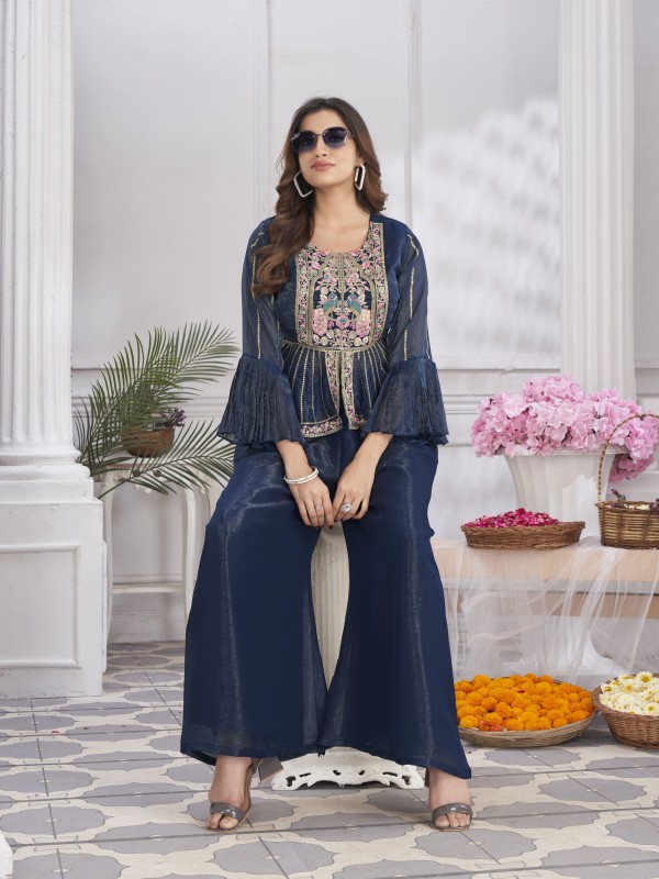 Shimmer Georgette Party Wear Sharara Blue Color with Embroidery Work