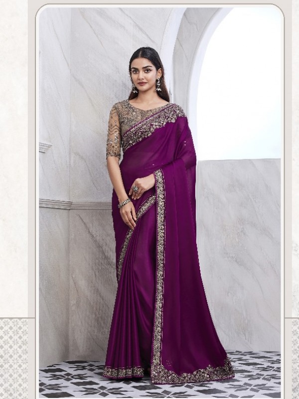 Chiffon  Party wear Saree Purple Color With Embroidery Work