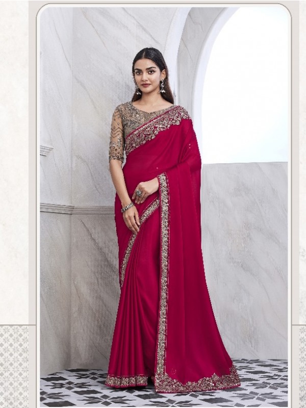 Chiffon  Party wear Saree Red Color With Embroidery Work