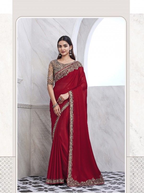 Chiffon  Party wear Saree Maroon Color With Embroidery Work