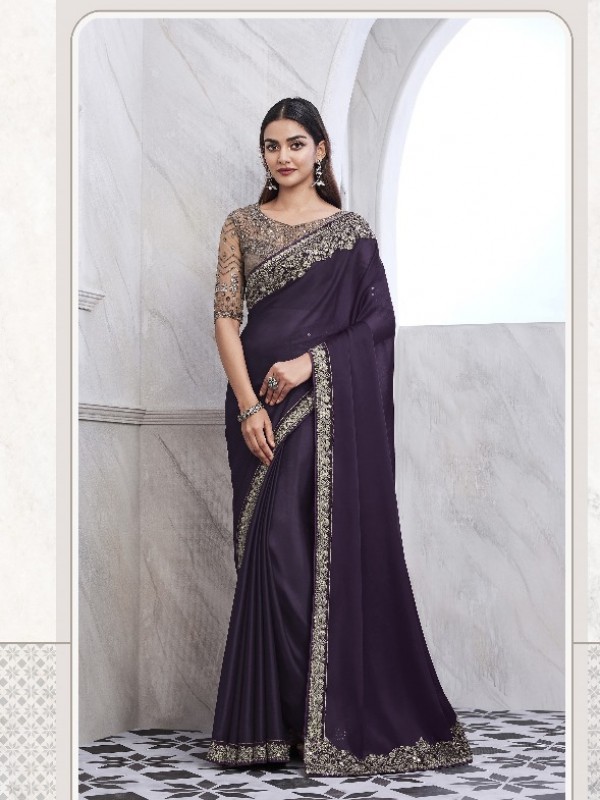 Chiffon  Party wear Saree Grey Color With Embroidery Work