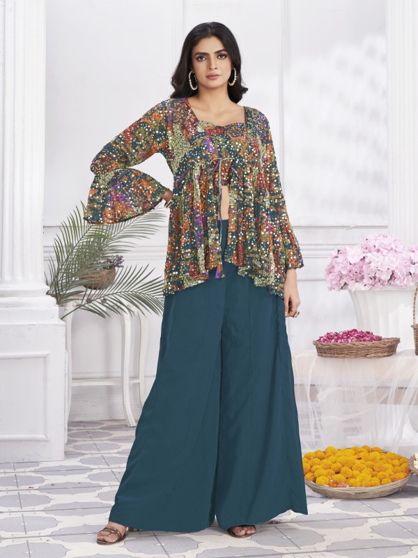 Georgette Party Wear Sharara Blue Color with Embroidery Work