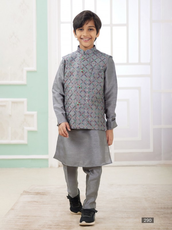Art Silk Readymade Kids Indowestern in Grey Color Embroidery work 