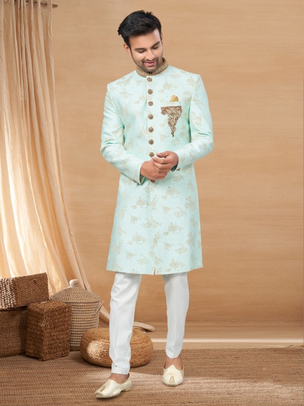 Jacquard IndoWestern Ready Made Dress in Sea Green Color with Handwork 