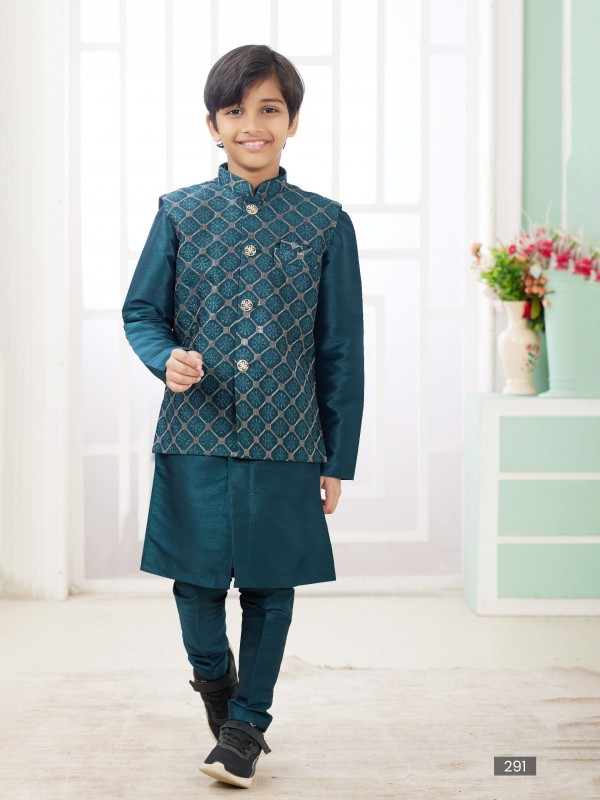 Art Silk Readymade Kids Indowestern in Green Color Embroidery work 
