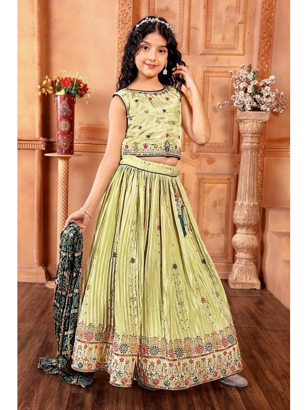 Pure Chinon Fabric Party Wear Kids Lehenga In Green Color with Embroidery work 