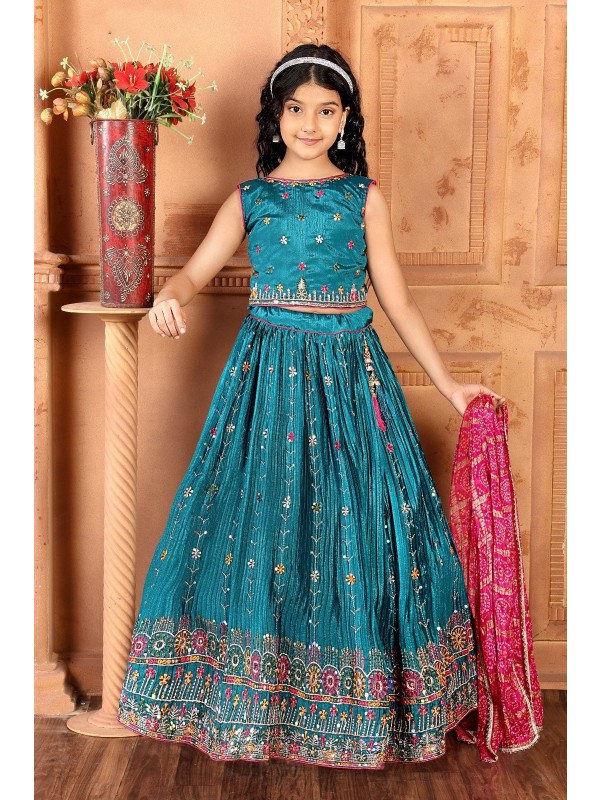 Pure Chinon Fabric Party Wear Kids Lehenga In Blue Color with Embroidery