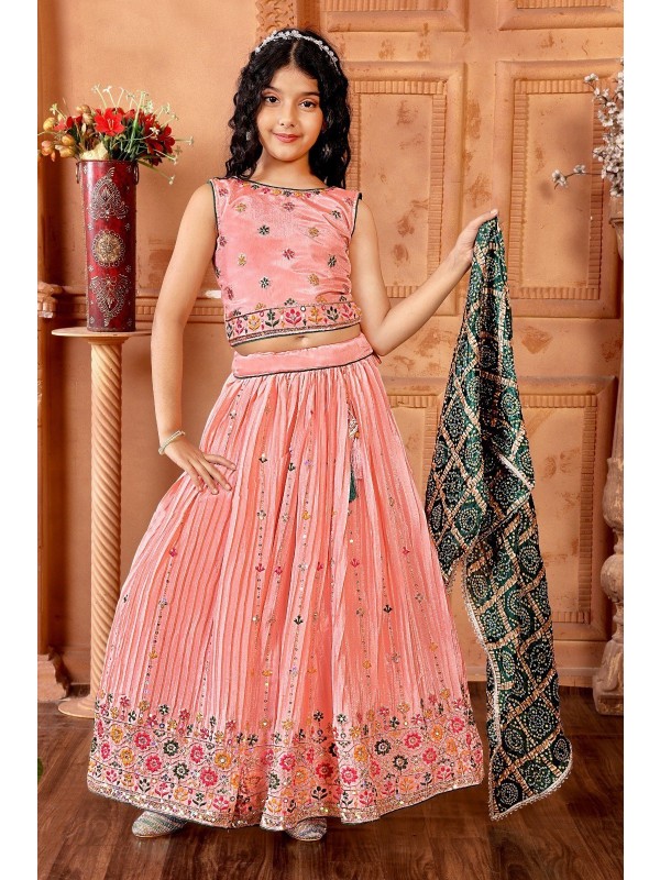 Pure Chinon Fabric Party Wear Kids Lehenga In Pink Color with Embroidery Work 