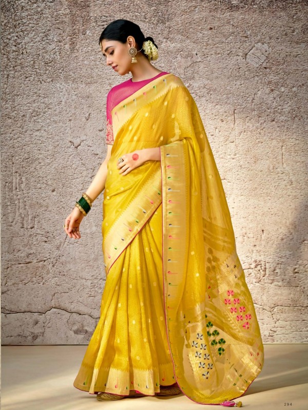 Pure Banarasi Silk Party wear Saree Yellow Color 