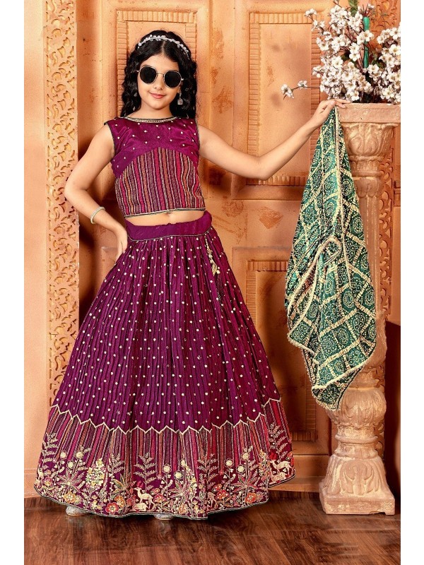 Pure Chinon Fabric Party Wear Kids Lehenga In Burgundy Color with Embroidery Work 