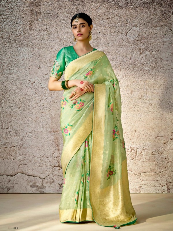 Pure Banarasi Silk Party wear Saree Pista Green Color 