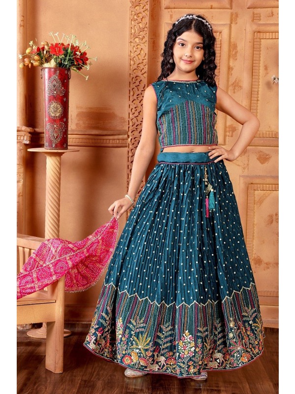 Pure Chinon Fabric Party Wear Kids Lehenga In Blue Color with Embroidery Work