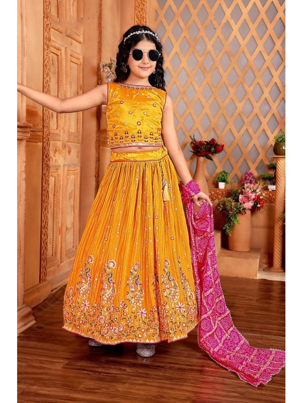 Pure Chinon Fabric Party Wear Kids Lehenga In Yellow Color with Embroidery Work 