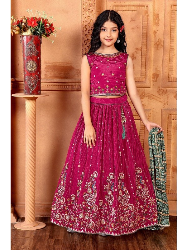 Pure Chinon Fabric Party Wear Kids Lehenga In Pink Color with Embroidery work