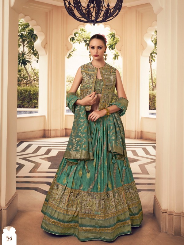 Pure Silk fabric Wedding Wear Lehenga In Green Color With Hand Work 